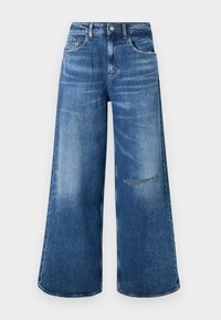 Blugi din denim albastru cu pantaloni largi, cu o spălare estompată, prezintă un buzunar frontal și un detaliu uzat la genunchi, terminați cu o talie clasică.