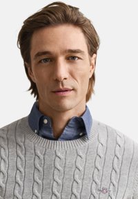 Svetlo sivi pulover z vzorcem kabelskega tkanja čez modro srajco z ovratnikom, z okroglim izrezom in subtilnim logotipom na puloverju.