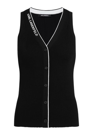 Débardeur noir côtelé avec un col en V, cinq boutons noirs sur le devant, et un bord blanc le long de l'encolure et de la patte de boutonnage.