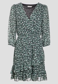 Blumenkleid aus transparenter schwarzer Stoff mit einem floralem Muster in Grün, Weiß und Pink. Es hat lange Ärmel und einen mehrlagigen Rüschenrand.