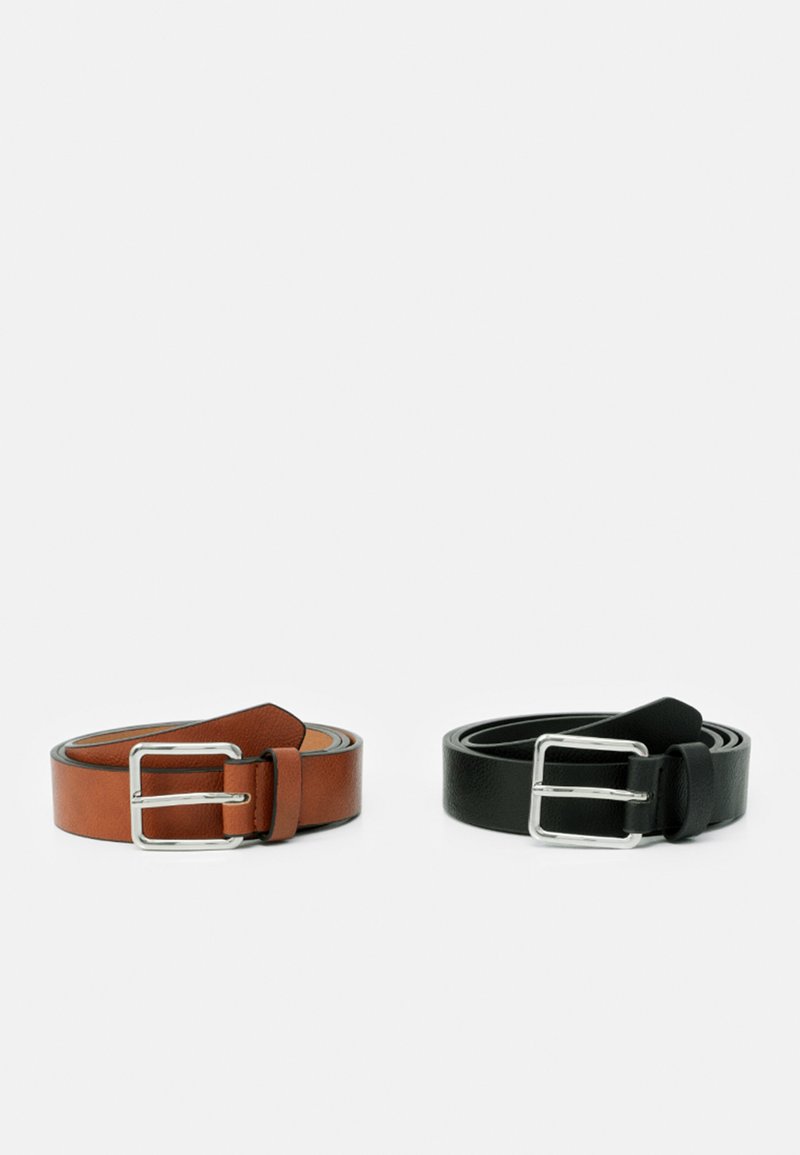 Two leather belts: one brown and one black, both featuring silver metal buckles. The belts have smooth textures and rounded edges.