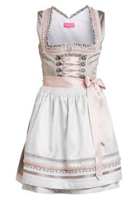 Robe traditionnelle dirndl avec un corsage ajusté en gris clair, à lacets sur le devant, et une jupe évasée blanche ornée de pois et d'accents roses.