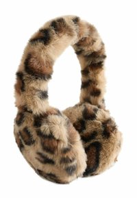 Umelé kožušinové uši s leopardím vzorom v okrúhlom tvare; béžové a hnedé odtiene vytvárajú mäkký, textúrovaný vzhľad.