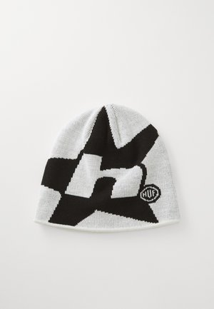 Căciulă tricotată alb-negru cu un model mare de stea și logo-ul "HUF." Textură moale, vârf rotunjit și un fit strâns.