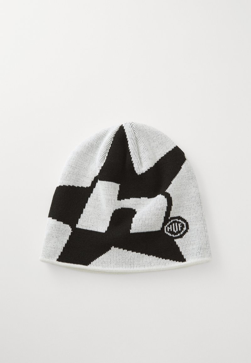 Zwart-witte gebreide muts met een groot sterpatroon en het logo "HUF." Zachte textuur, ronde bovenkant en een stevige pasvorm.