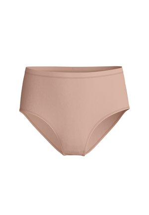 Beige damesondergoed met hoge taille, gladde afwerking en elastische tailleband, ontworpen voor comfort en volledige bedekking.