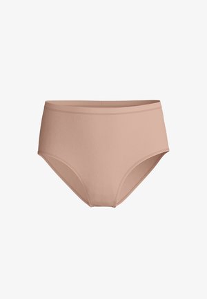 Beige damesondergoed met hoge taille, gladde afwerking en elastische tailleband, ontworpen voor comfort en volledige bedekking.