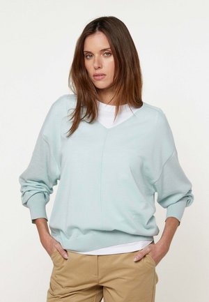 Femme aux longs cheveux bruns portant un pull col en V bleu clair sur une chemise blanche et un pantalon beige, debout les mains dans les poches.