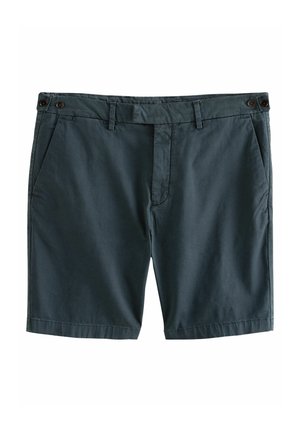 Pantaloni scurți de culoare albastru închis, dintr-un material cu textură netedă, având două buzunare laterale, un fermoar frontal și două accente cu nasturi la talie.