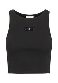 Czarny prążkowany crop top z wysokim dekoltem i haftowanym logo w białym kolorze. Posiada dopasowany krój i gładką strukturę.