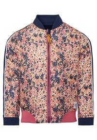 Giubbotto bomber per bambini con macchie astratte rosa, beige e navy, colletto e polsini navy, orlo rosa e zip arancione.