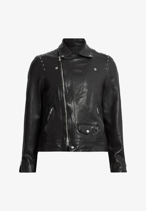 Fekete bőr motoros dzseki ezüst szegecsekkel, aszimmetrikus cipzáras záródással, két cipzáras zsebbel és texturált felszínnel.