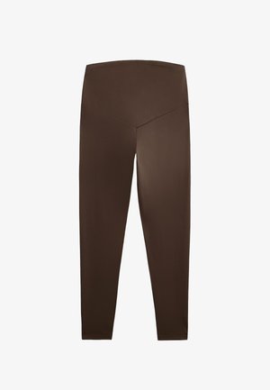 Leggings marroni elasticizzati con vita alta, caratterizzati da un design a forma di V sul retro e una finitura liscia e opaca.