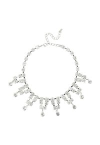 Silberfarbene Halskette mit klaren dekorativen Kristallen, die in einem geometrischen Muster mit Tropfenakzenten angeordnet sind. Verstellbarer Verschluss vorhanden.