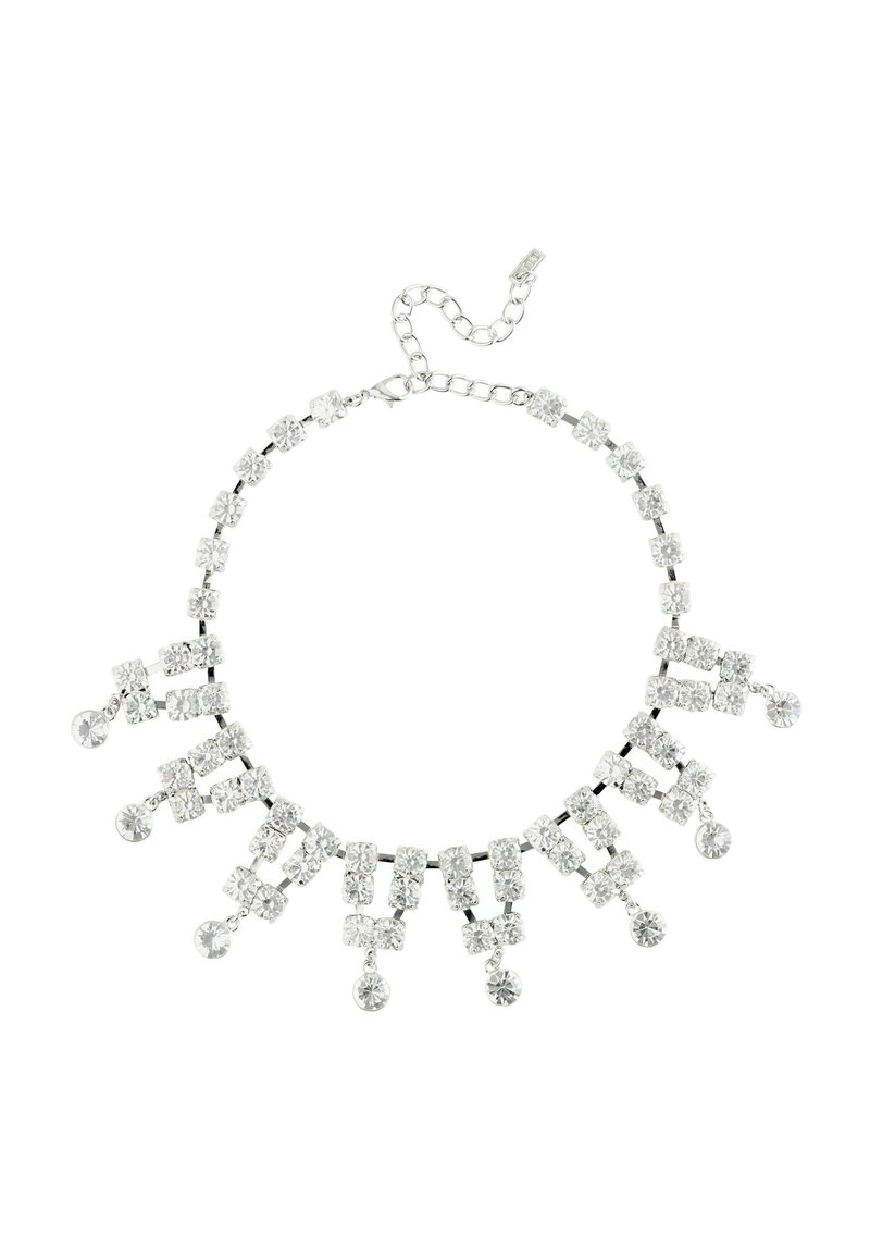 Silberfarbene Halskette mit klaren dekorativen Kristallen, die in einem geometrischen Muster mit Tropfenakzenten angeordnet sind. Verstellbarer Verschluss vorhanden.