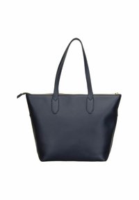 Sac fourre-tout en cuir bleu marine avec deux bretelles et une fermeture éclair supérieure, au design simple et élégant.