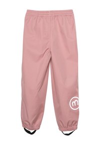 Lichtroze waterdichte broek met een elastische tailleband, enkelbandjes en een wit logo op het linkerbovenbeen. Glad, licht glanzend stof.