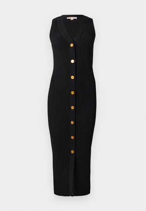 Black ribbed knit dress with a V-neckline, sleeveless design, and gold-tone buttons down the front, featuring a fitted silhouette.