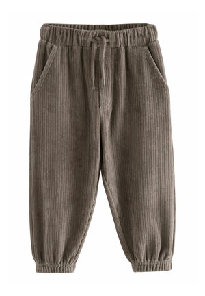 Pantaloni di velluto a coste grigi con una texture a righe, vita elasticizzata, cordoncino e tasche laterali; apertura delle gambe svasata.