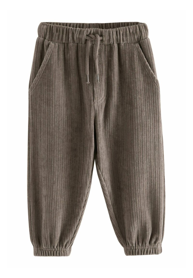 Gray corduroy pants with a ribbed texture, elastic waistband, drawstring, and side pockets; tapered leg openings.