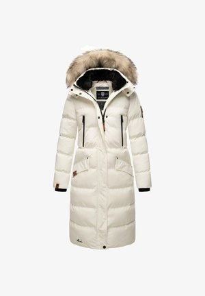 White puffer coat with a removable fur-lined hood, two front zip pockets, black accents, and horizontal quilted design.