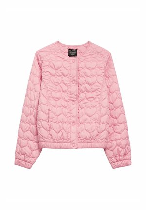 Pikowana różowa kurtka z okrągłym dekoltem, elastycznymi mankietami i dołem. Posiada wzory w kształcie serc i zapięcie na zatrzaski z przodu.