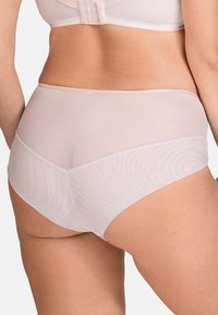 Beige Höschen mit hohem Bund und transparenten Netzpaneelen auf der Rückseite, mit glatten Kanten und einer weichen Stofftextur.