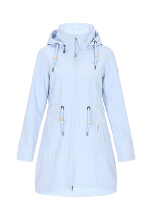 Cappotto lungo azzurro chiaro con cappuccio, lacci e chiusura con zip. Presenta due tasche laterali e una texture liscia e morbida.