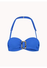 Top bikini blu con texture, dotato di una fibbia rettangolare oro e nera al centro, spalline regolabili per una vestibilità sicura.