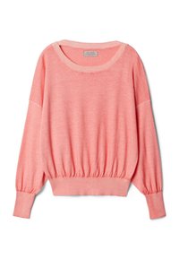 Miękka różowa sweter z długim rękawem i szerokim okrągłym dekoltem, zebranym elastycznym paskiem w talii oraz ściągaczami na mankietach.