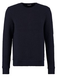Mörkblå sweatshirt med texturerat tyg, rundad halsringning och ribbad manschetter och nederkant. Enkelt, klassiskt design utan utsmyckningar.