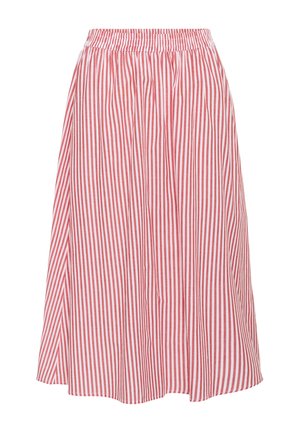 Red and white striped midi skirt with an elastic waistband, featuring vertical pleats and a relaxed silhouette. Made of lightweight fabric.