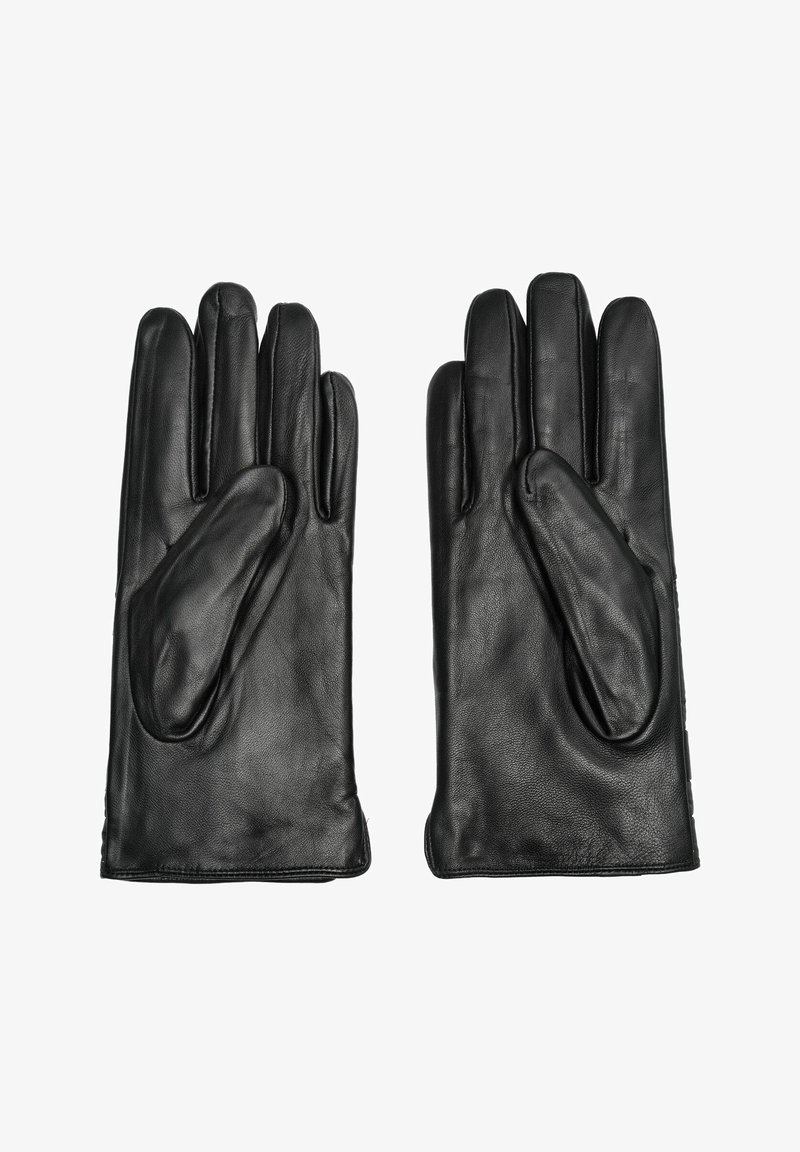 Czarne skórzane rękawiczki o gładkiej fakturze i klasycznym designie. Cechy to pięć palców oraz dopasowany krój, bez ozdób.
