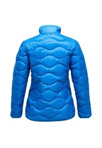 Blå pufferjakke med horisontale bølgende quiltede mønster, høj krave og glat, blank finish. Letvægtig og isoleret design.
