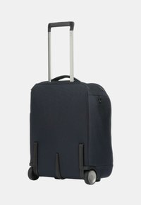 Valigia a rotelle in tessuto blu navy con manico estraibile, due ruote scorrevoli e un manico laterale. Presenta un compartimento con zip.
