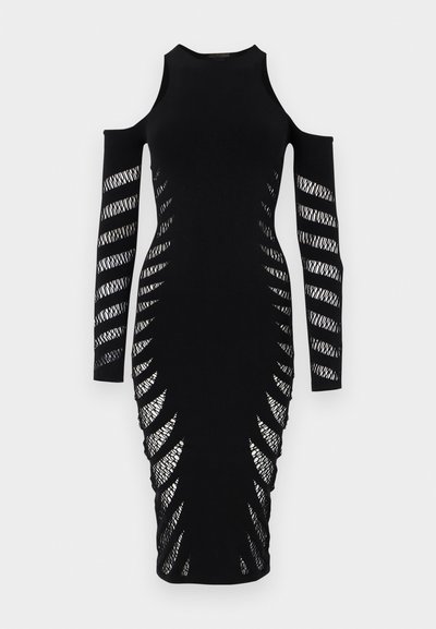 Rochie bodycon neagră, cu tăieturi la umeri. Are mâneci lungi, detalii intricate din plasă pe lateral și o siluetă ajustată.