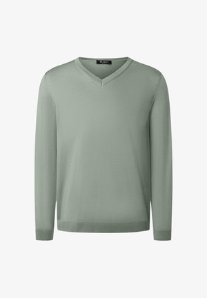 Světlounce zelený svetr s dlouhým rukávem a výstřihem do V, s žebrovanými manžetami a lemem, zobrazený zepředu na bílém pozadí.