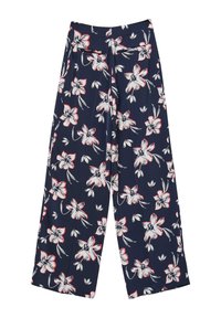 Pantalons larges bleu marine en tissu léger, avec un motif floral blanc et rose, dotés d'une taille haute et de deux poches arrière.