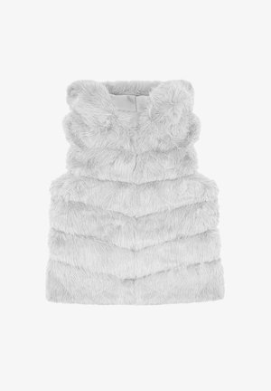 Gilet in pelliccia finta grigia con colletto alto, caratterizzato da un motivo a zigzag e una superficie morbida e texture, progettato per calore e comfort.