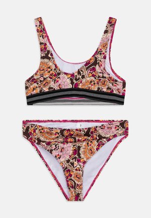 Two-piece swimsuit featuring floral patterns in shades of brown, pink, and orange. Material is stretchy with a black and white striped band.