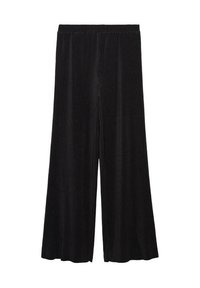 Černé široké kalhoty s žebrovanou texturou a elastickým pasem, zobrazené na bílem pozadí.