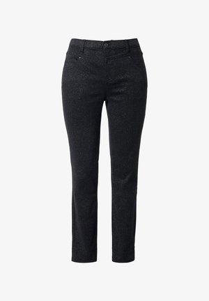 Sorte bukser i et struktureret, strækbart stof med diskrete glimmer. De har en tætsiddende pasform, bæltestropper og frontlommer.