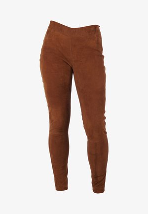 Braune Wildleder-Leggings mit glatter Textur, die einen hohen Bund und ein figurbetontes Design aufweisen. Keine sichtbaren Beschläge oder Muster.
