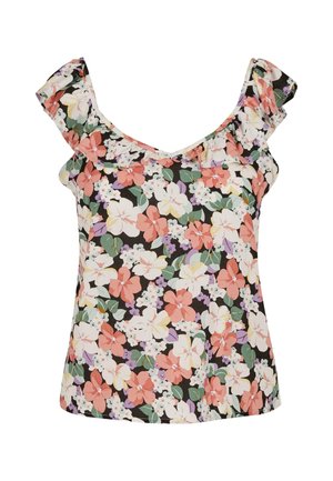 Top senza maniche floreale con spalline arricciate, caratterizzato da una base scura e motivi floreali multicolori nei toni di rosa, bianco, verde e viola.