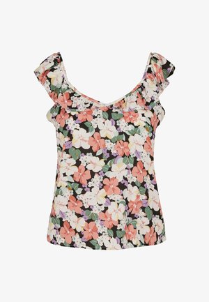 Blomster top med flæserede stropper, der har en mørk bund og flerfarvede blomster mønstre i pink, hvid, grøn og lilla nuancer.