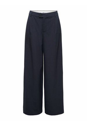 Pantalon bleu marine à jambes larges avec fines rayures verticales, fermeture par bouton et fermeture éclair, et poches latérales.