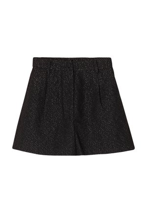 Pantalones cortos negros con una tela texturizada, que presenta un patrón sutil, plisados y un cierre de botón en la parte delantera. Cintura ajustada.