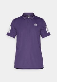 Violet polo-paita, joka on valmistettu sileästä kankaasta. Siinä on kolmen napin kaulus, valkoinen Adidas-logo rinnassa ja kolme pystysuoraa raitaa hihoissa.