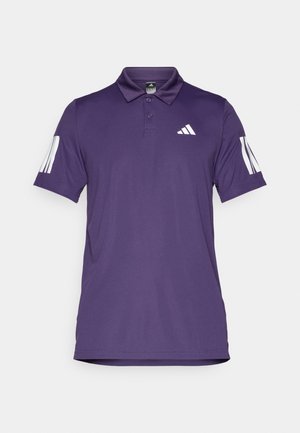 Violet polo marškiniai, pagaminti iš glotnaus audinio, su triukšmo mygtukų apykakle, balta Adidas logo ant krūtinės ir trimis vertikaliomis juostelėmis ant rankovių.