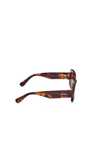 Tortoiseshell sunglasses with thick frames, featuring a flat lens design and slim temple arms, marked with "MaxMara" in gold.